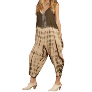 Olive Green Tie Dye Gauze Jumpsuit w/ Pockets & Adjustable Straps NEW